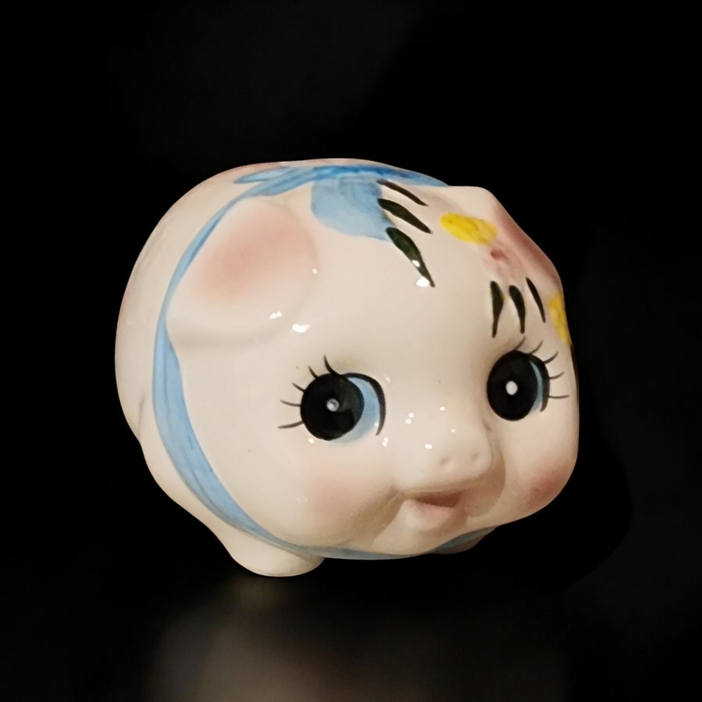 Vtg Ceramic 6" Piggy Bank With Stopper Big Eyes & Blue Blow Mid Mod Style Kitsch